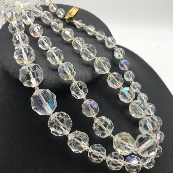 Vintage Clear AB Aurora Borealis Crystal Graduated Double Strand Necklace - Picture 6 of 7